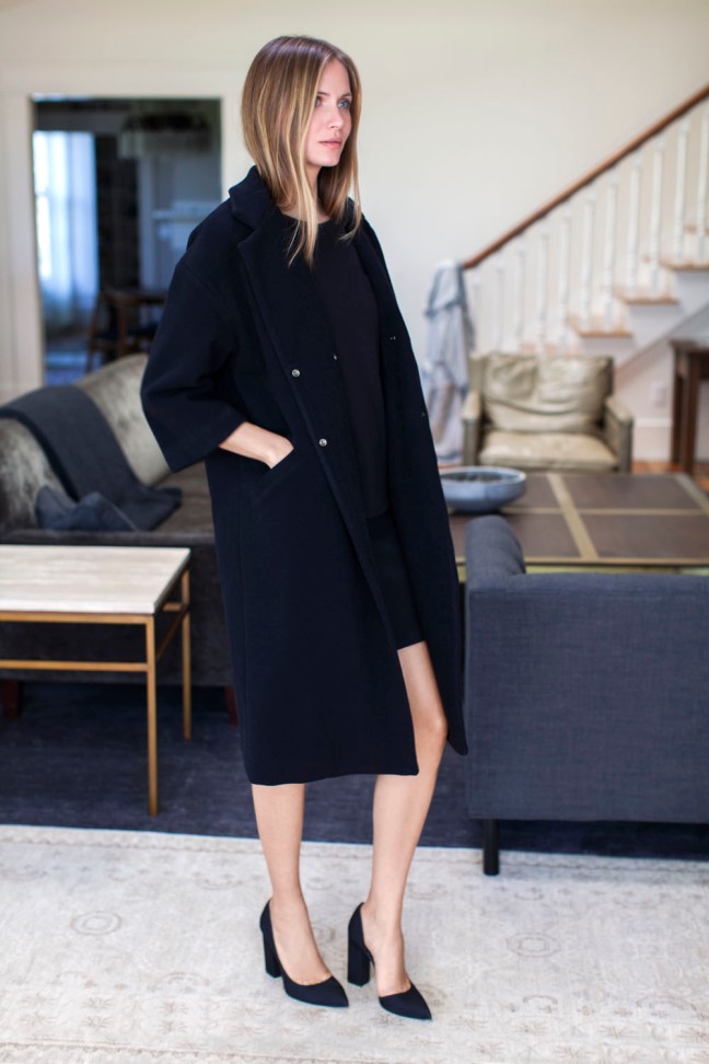 See how nicely the pumps go with this drop shoulder wool coat?